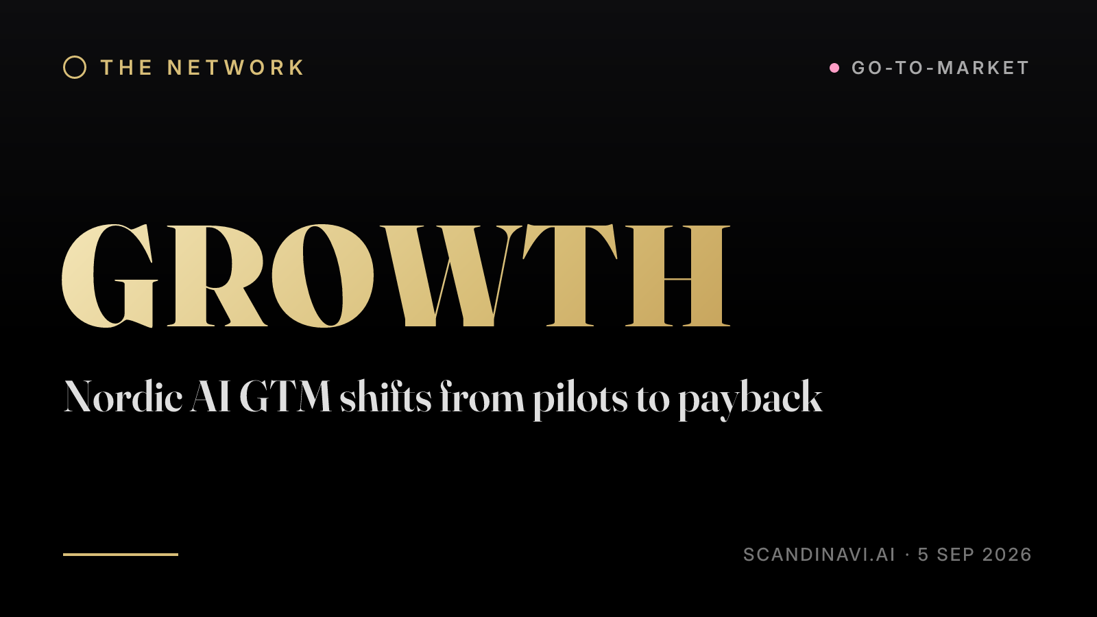 Title card: “Nordic AI GTM shifts from pilots to payback” — a brief from the network's Go-to-market desk on scandinavi.ai.