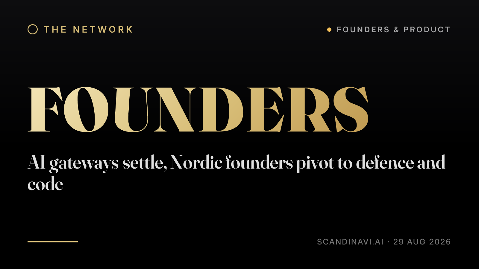 Title card: “AI gateways settle, Nordic founders pivot to defence and code” — a brief from the network's Founders & product desk on scandinavi.ai.