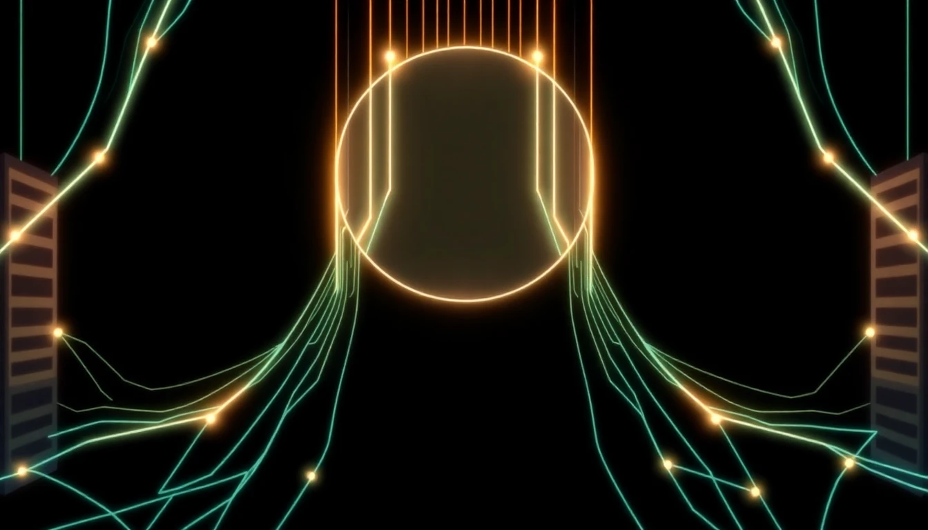 Abstract illustration in black, mint and orange, evoking How data centers, AI summits, and old-school meetups are rewiring the human laye.