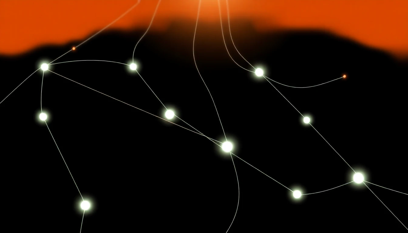 Abstract illustration in black, mint and orange, evoking How meetups and hackathons are rewiring the human layer of Nordic tech.