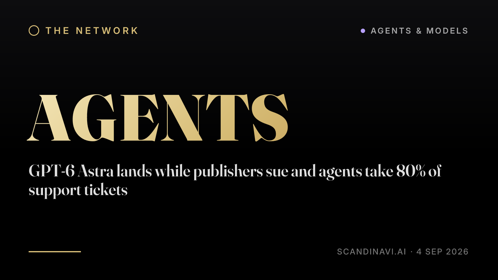 Title card: “GPT-6 Astra lands while publishers sue and agents take 80% of support tickets” — a brief from the network's Agents & models desk on scandinavi.ai.