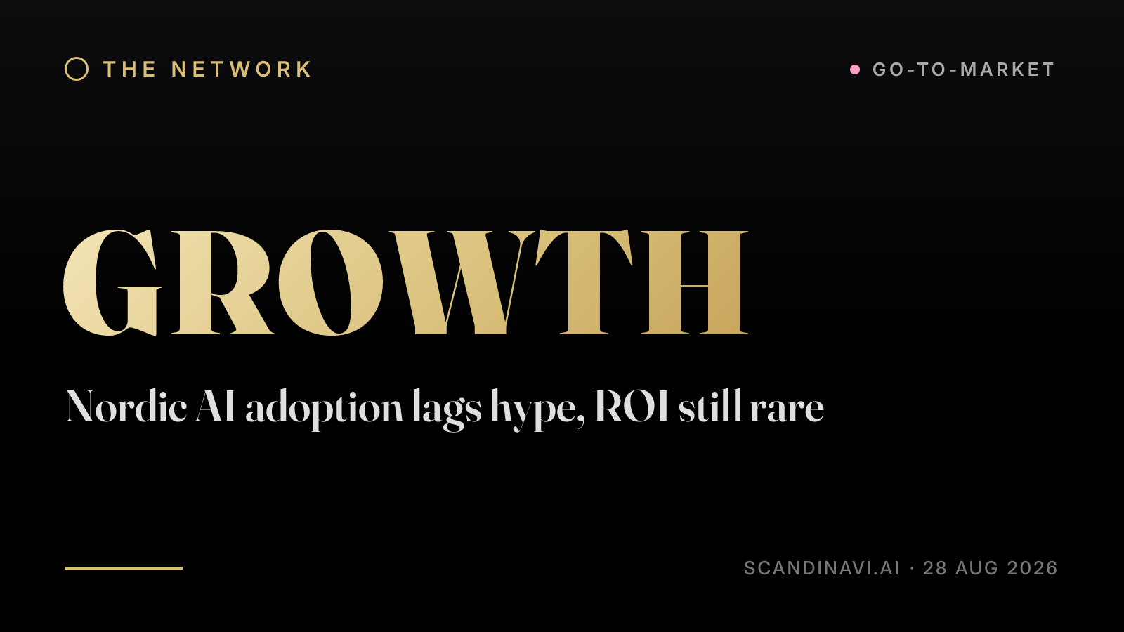 Title card: “Nordic AI adoption lags hype, ROI still rare” — a brief from the network's Go-to-market desk on scandinavi.ai.