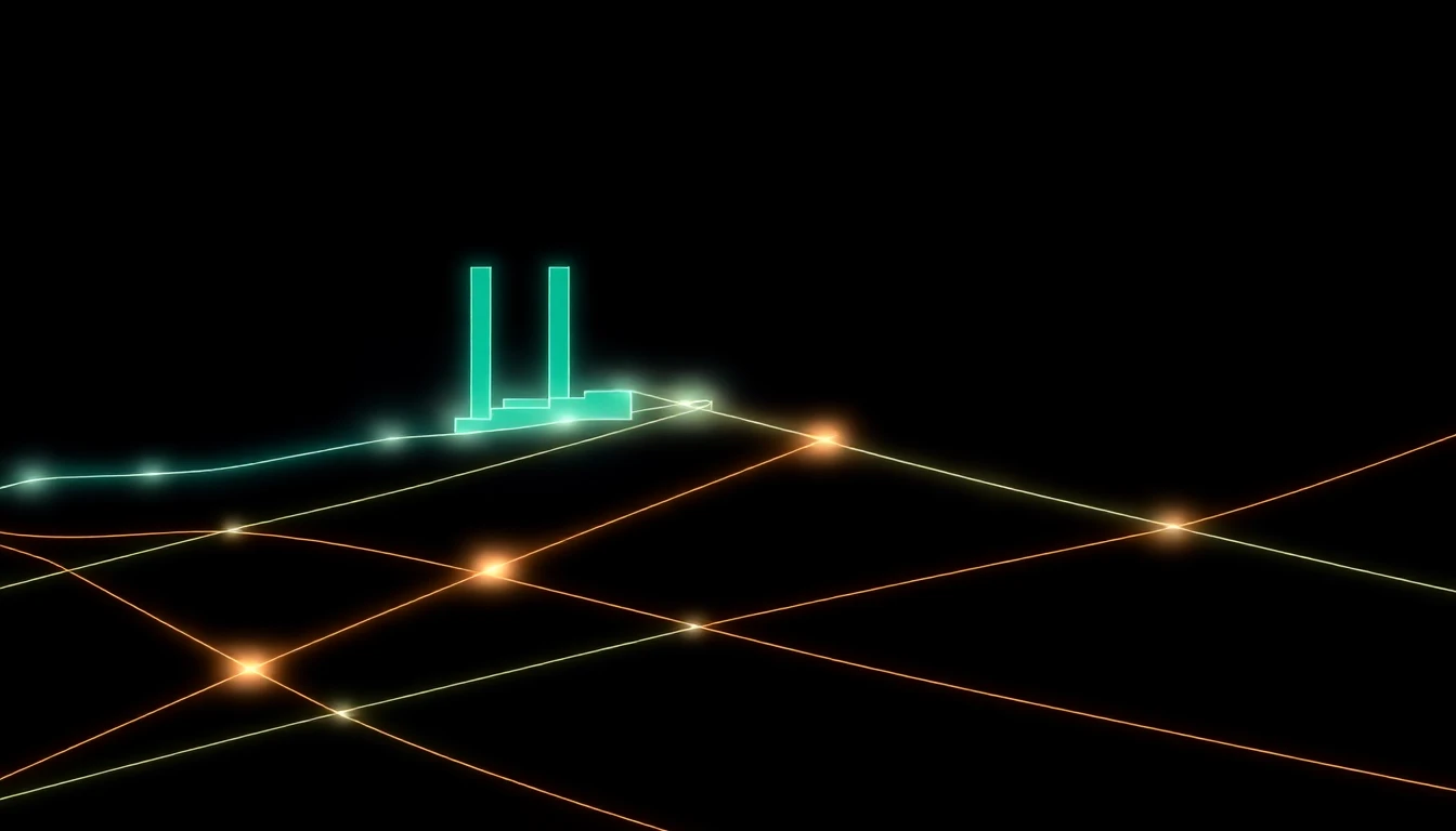 Abstract illustration in black, mint and orange, evoking Fossefall s AI factories and what they mean for Nordic compute pipelines.