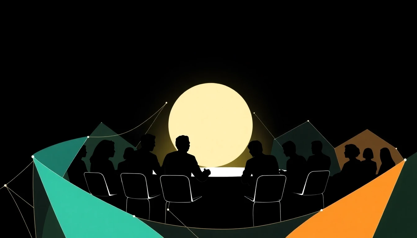 Abstract illustration in black, mint and orange, evoking How community gatherings are becoming the front line of responsible AI adoption.