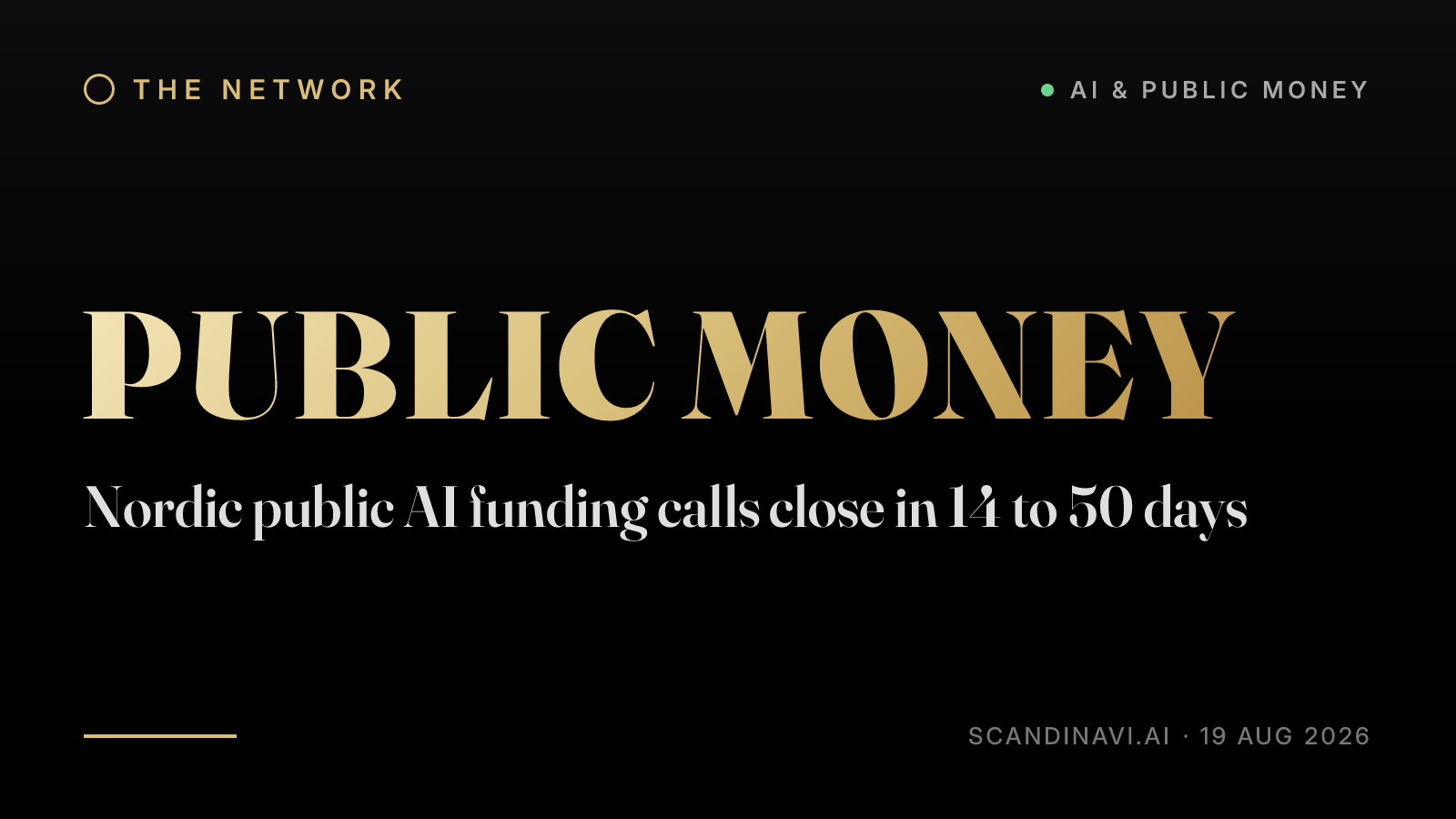 Title card: “Nordic public AI funding calls close in 14 to 50 days” — a brief from the network's AI & public money desk on scandinavi.ai.
