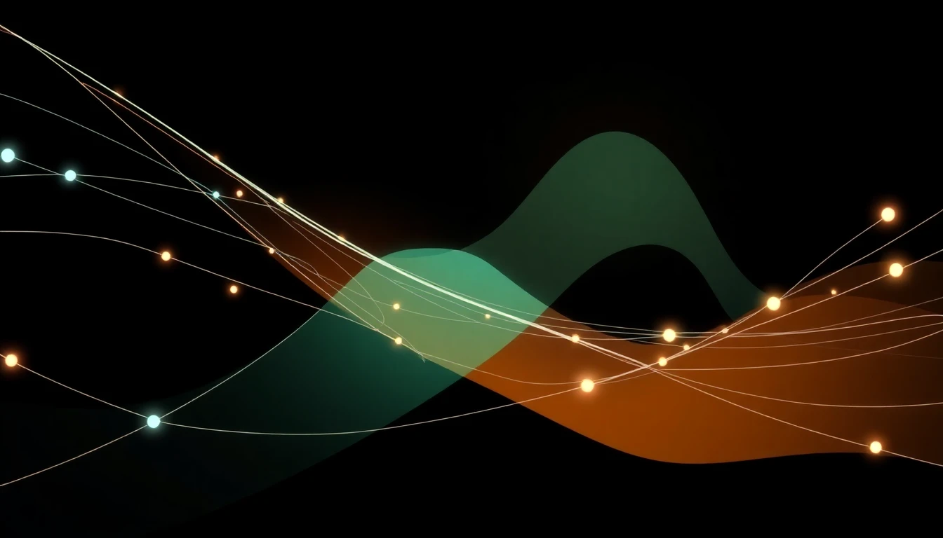 Abstract illustration in black, mint and orange, evoking Human connection in Nordic tech communities.