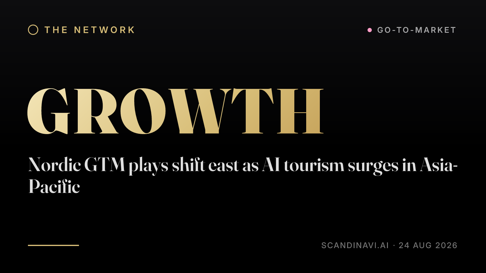 Title card: “Nordic GTM plays shift east as AI tourism surges in Asia-Pacific” — a brief from the network's Go-to-market desk on scandinavi.ai.